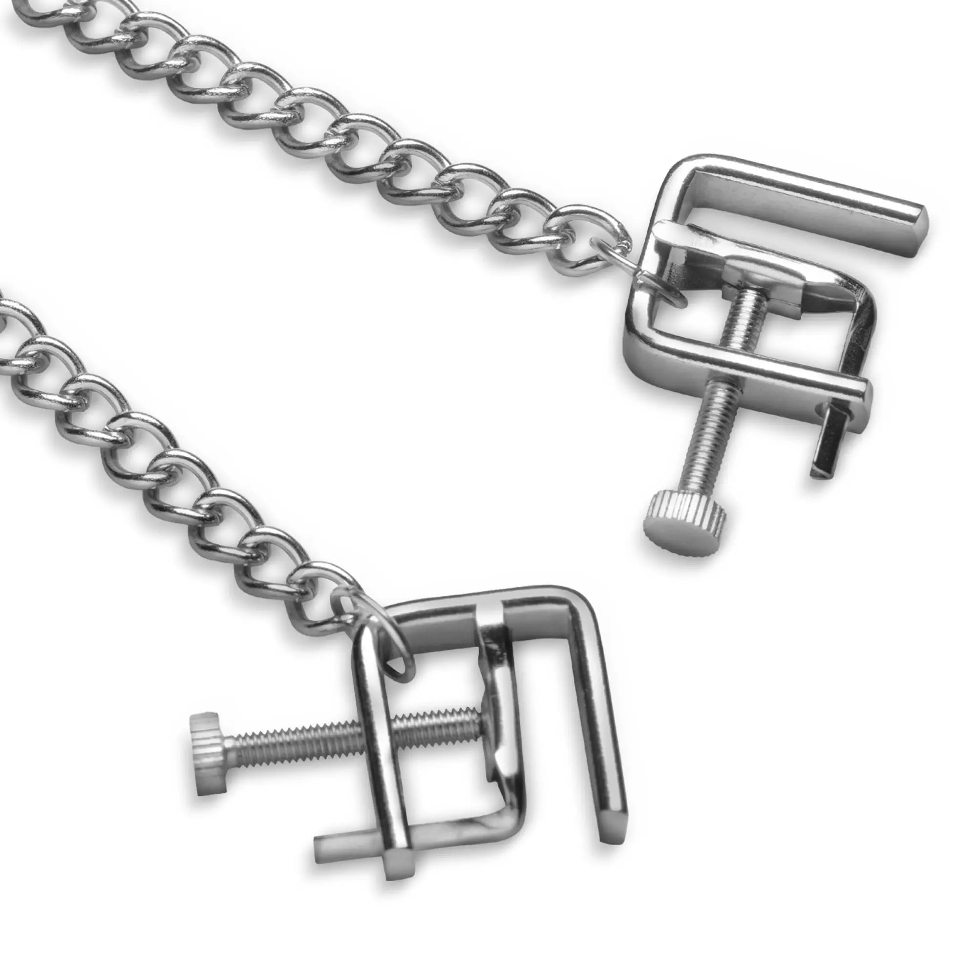 Master Series metal nipple clamps with adjustable screw vice mechanisms attached to a silver-tone link chain.