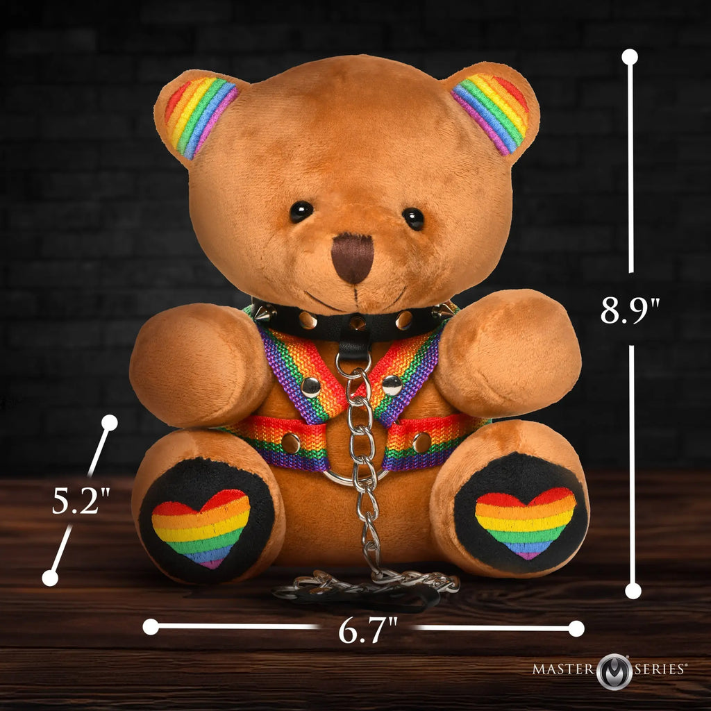 Master Series Pride Bear: Brown teddy bear with rainbow ears, heart footpads, spiked collar, and rainbow chest harness.