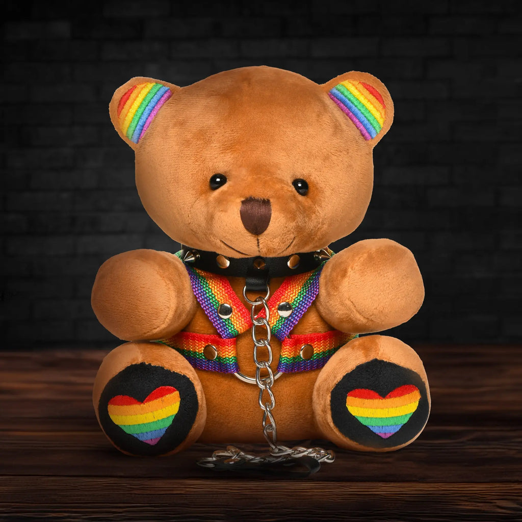 Master Series Pride Bear: a brown teddy bear wearing a spiked collar, rainbow harness, and chain on a wooden surface.