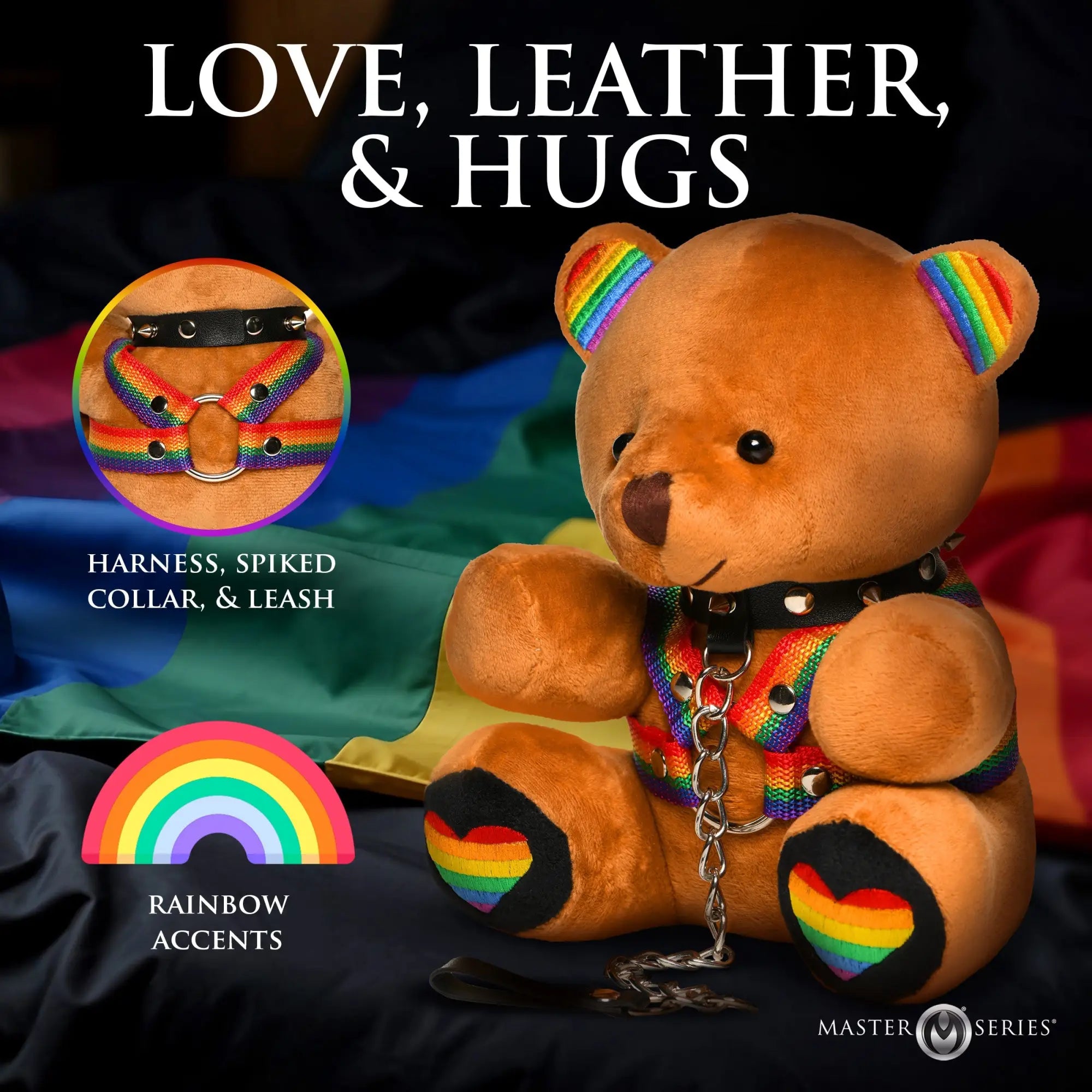 Master Series Pride Bear: A brown teddy bear wearing a rainbow harness, spiked collar, and chain leash on a Pride flag.