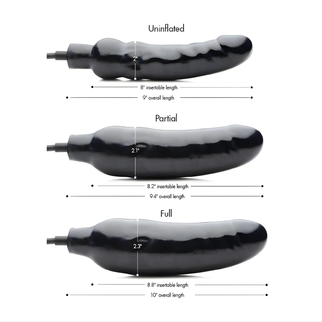 Master Series Primal black inflatable dildo, shown in uninflated, partial, and full states with length/girth measurements.