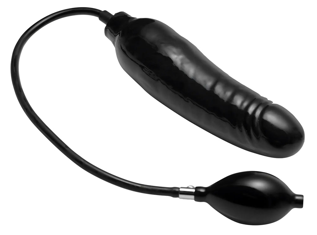 Master Series Primal black inflatable dildo with a handheld pump attached by a black tube, isolated on white.