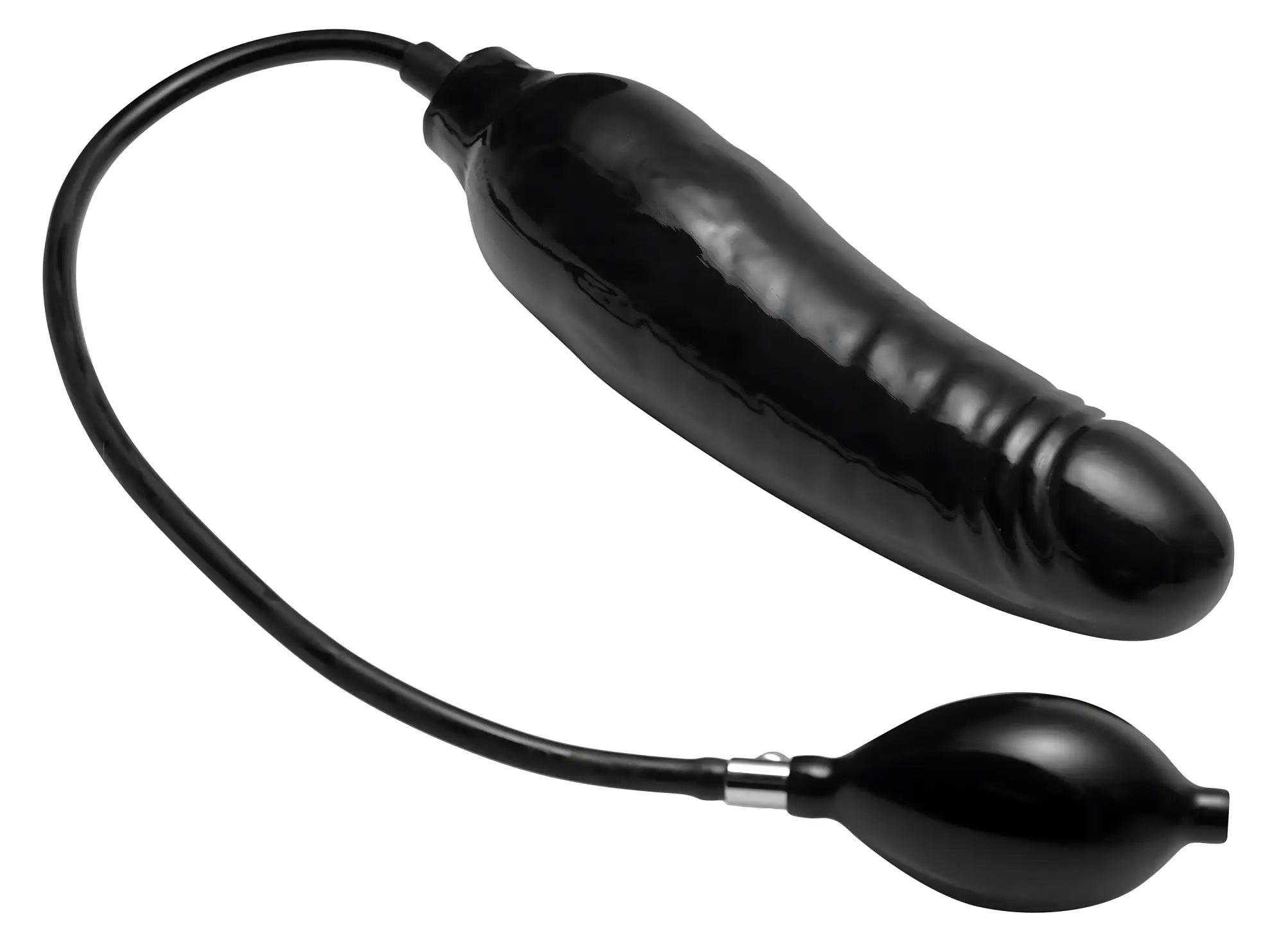 Master Series Primal black inflatable dildo with a handheld pump attached by a black tube, isolated on white.