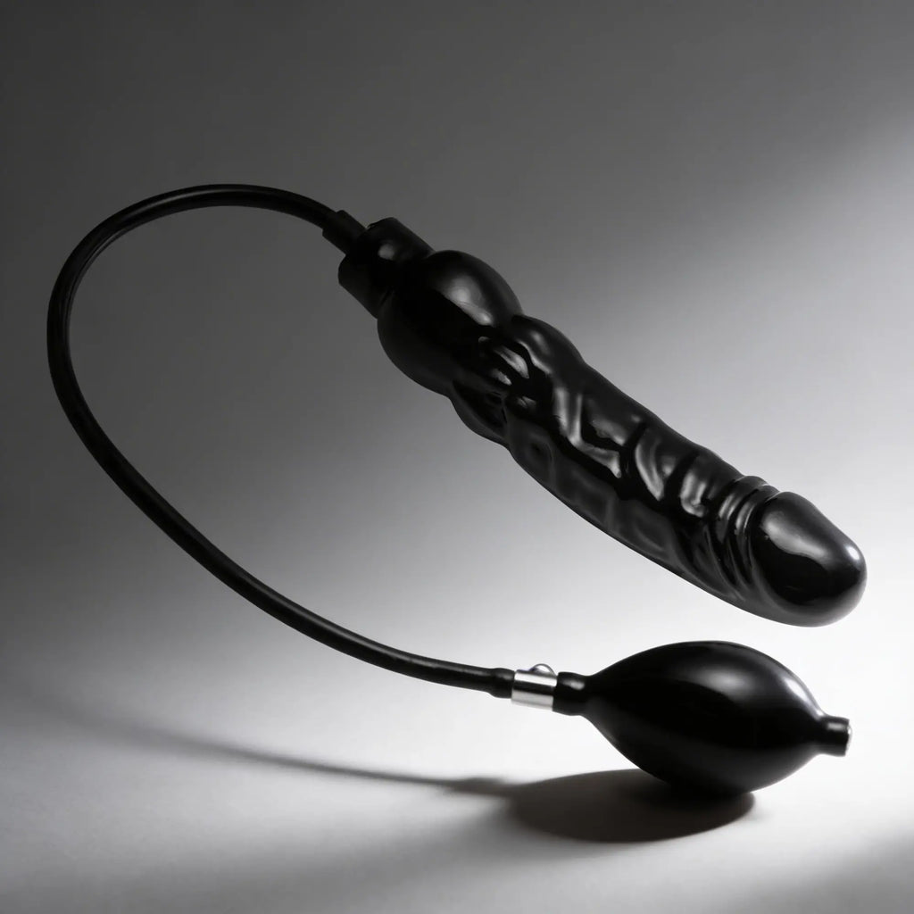 Black Master Series Primal inflatable dildo with realistic texture and attached air pump bulb on a gray background.