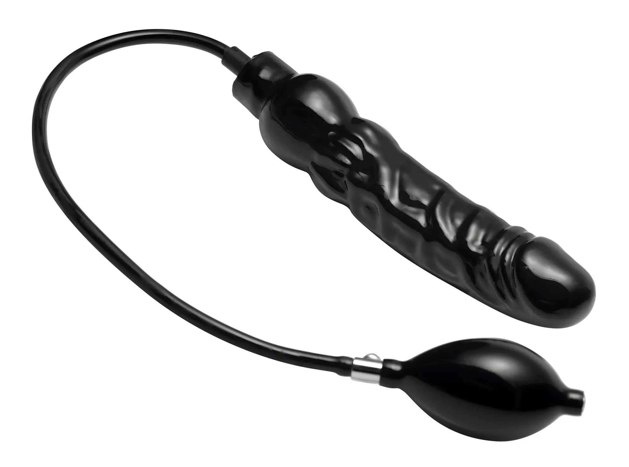 Master Series Primal black inflatable dildo with a textured shaft and a manual hand pump attached by a tube.