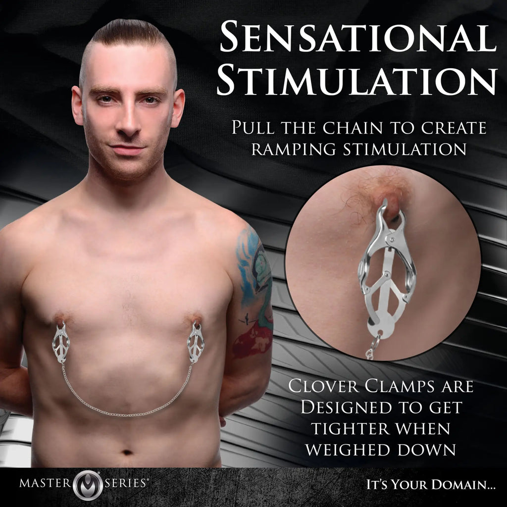 Master Series Primal Spiked Clover Nipple Clamps: Silver, clover-shaped metal clamps connected by a link chain.