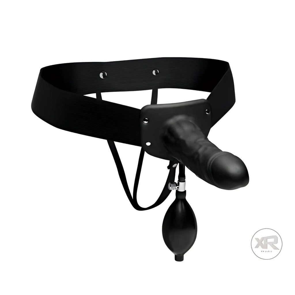 Master Series Pumper: Black inflatable hollow strap-on with adjustable waist harness and integrated air pump bulb.