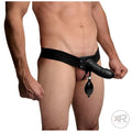 Master Series Pumper inflatable black hollow strap-on worn by a man, featuring an attached hand pump for inflation.