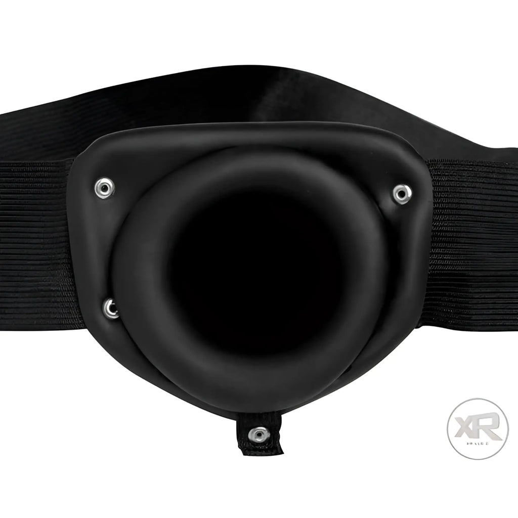 Master Series Pumper Inflatable Hollow Strap On: a black, circular, hollow harness attachment with an elastic strap.