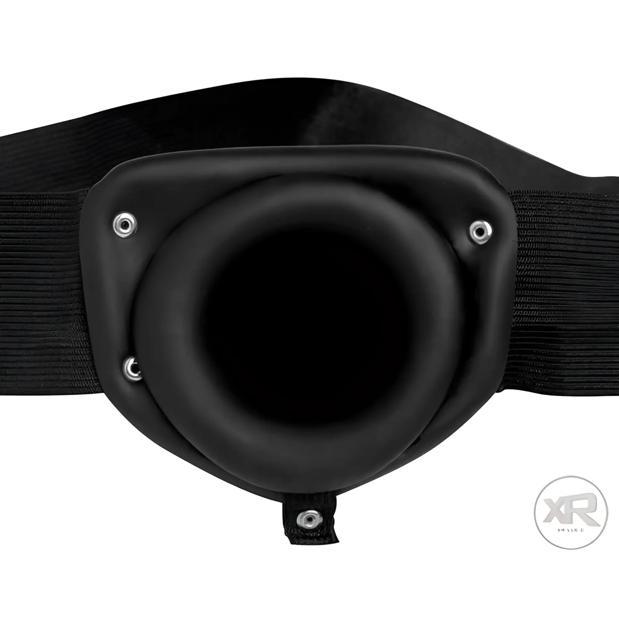 Master Series Pumper Inflatable Hollow Strap On: a black, circular, hollow harness attachment with an elastic strap.