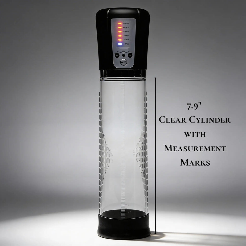 Master Series Pumping Master: black electric suction device with a 7.9-inch clear cylinder and measurement markings.