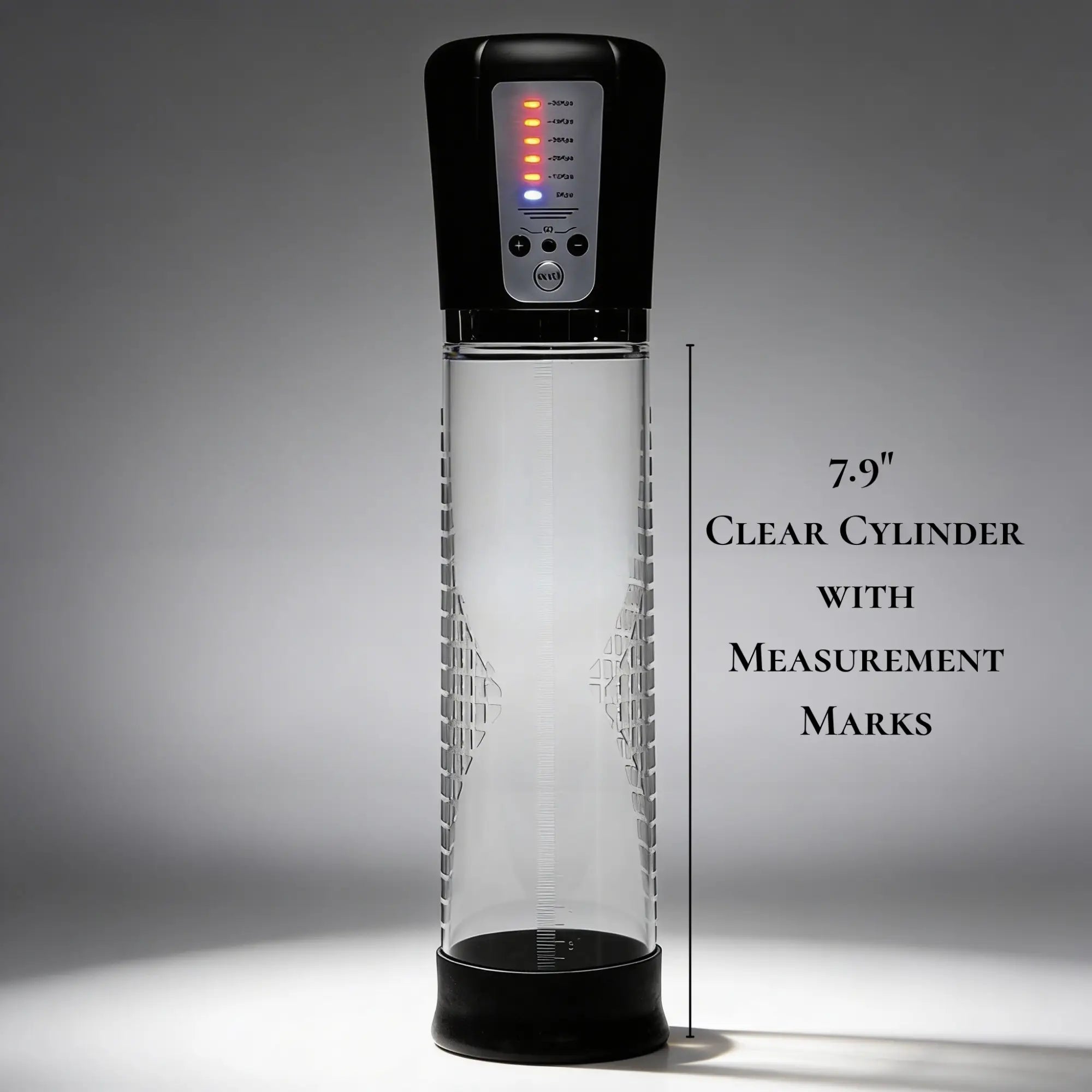 Master Series Pumping Master: black electric suction device with a 7.9-inch clear cylinder and measurement markings.