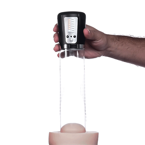 Master Series Pumping Master: Black electronic base with LED panel, clear cylinder, and beige base on white background.