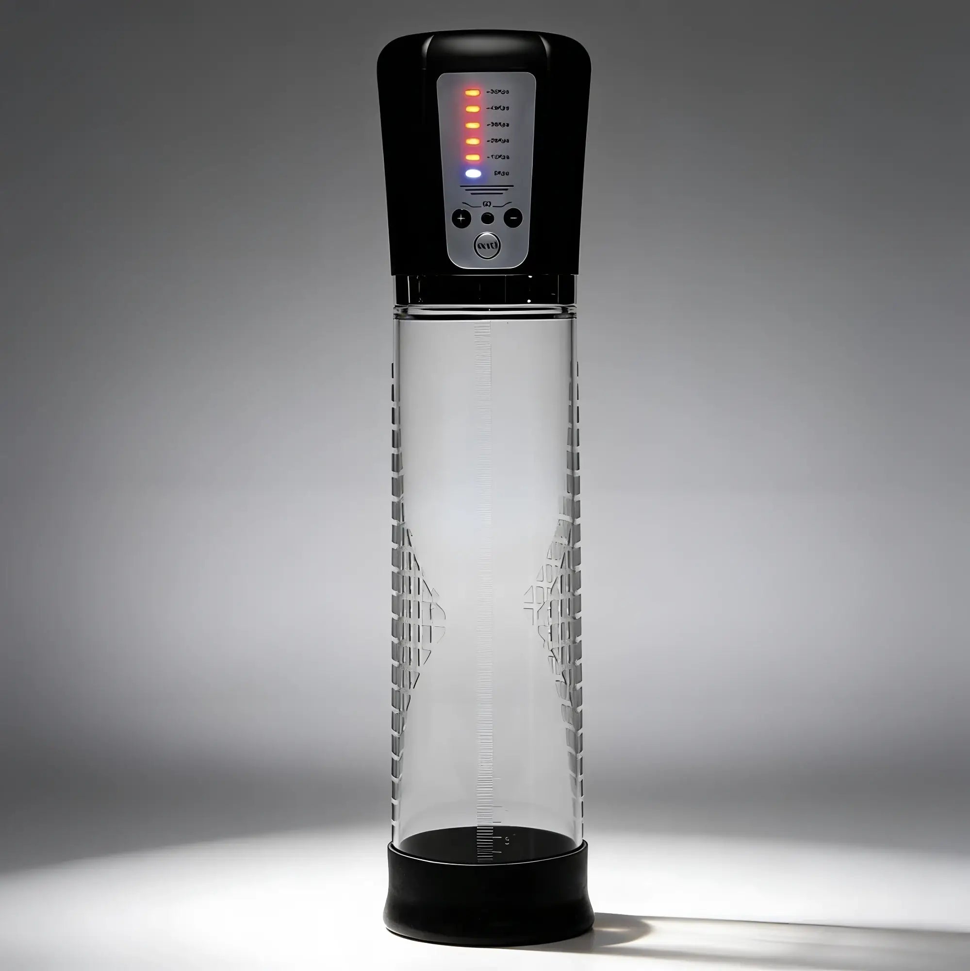 Master Series Pumping Master, a black and clear cylindrical penis pump with a digital LED control display.