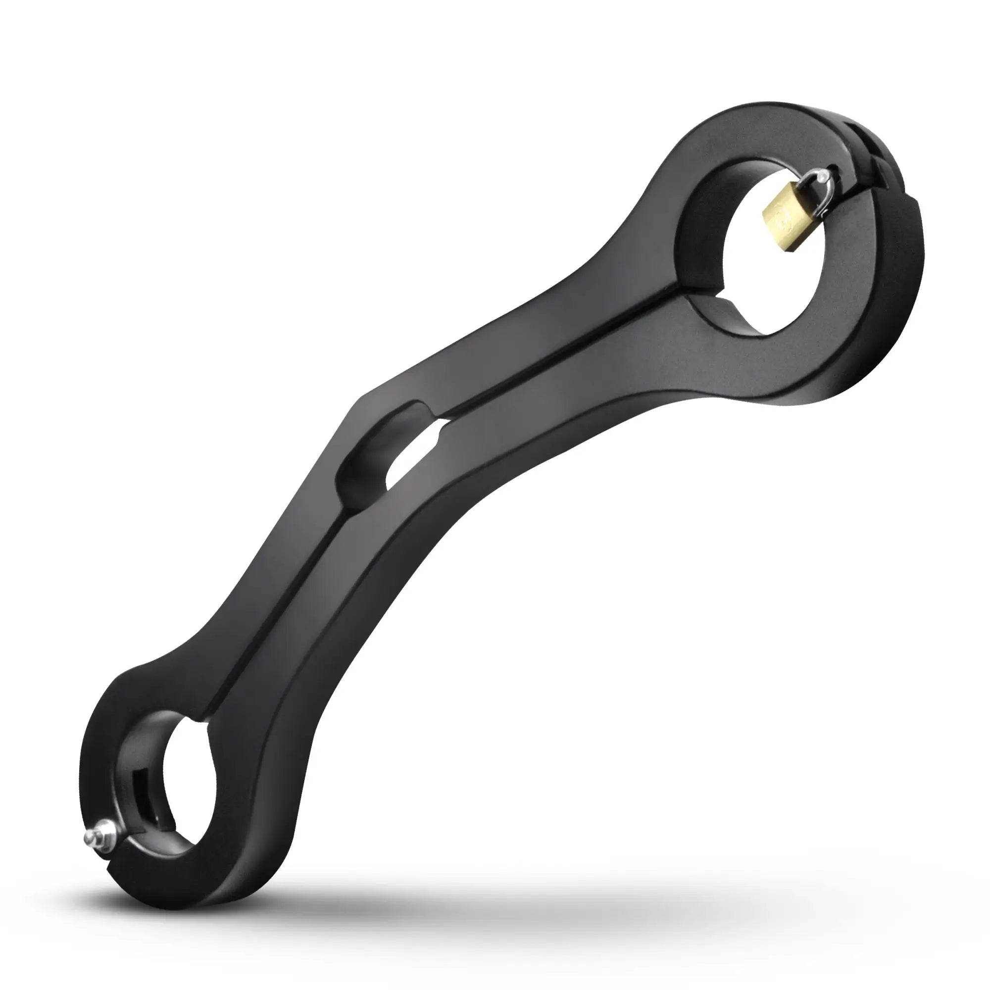 Master Series Punished Balls to Wrist Humbler: A matte black, ergonomic restraint device secured with a brass padlock.