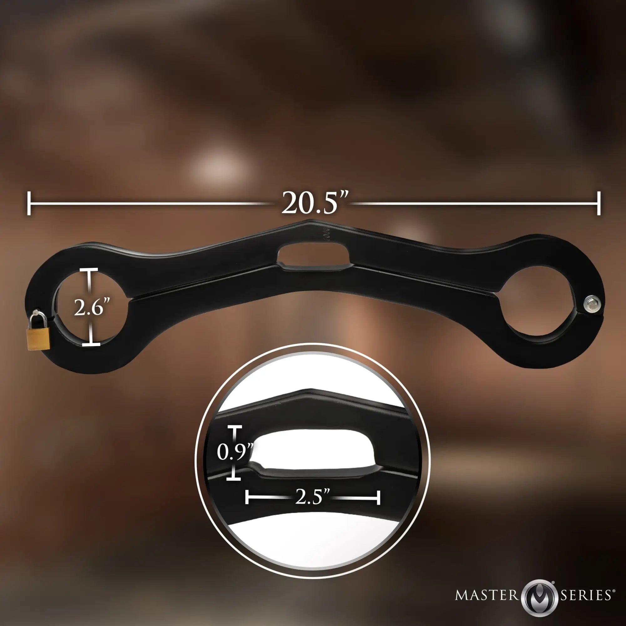Master Series Punished Balls to Wrist Humbler: black, curved restraint bar with dimensional measurement labels.