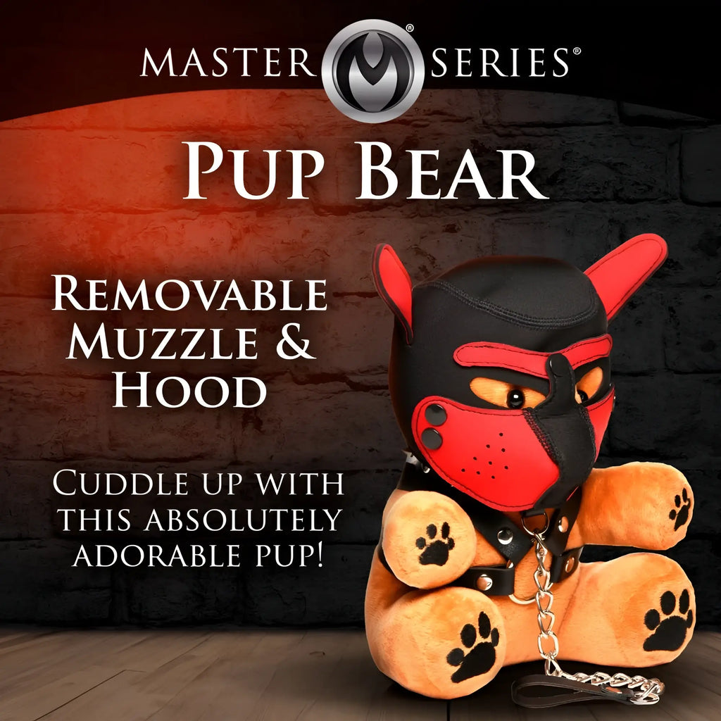 Master Series Pup Bear plush toy in a black and red hood and muzzle, with a black leather-style collar and metal chain.