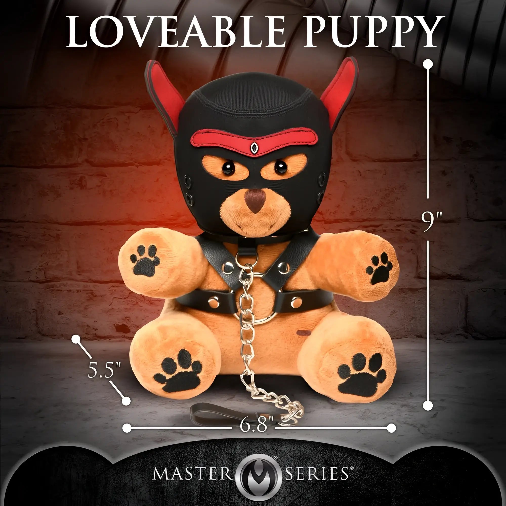 Master Series Pup Bear plush in tan, wearing a black and red puppy hood, leather-style harness, and metal chain leash.
