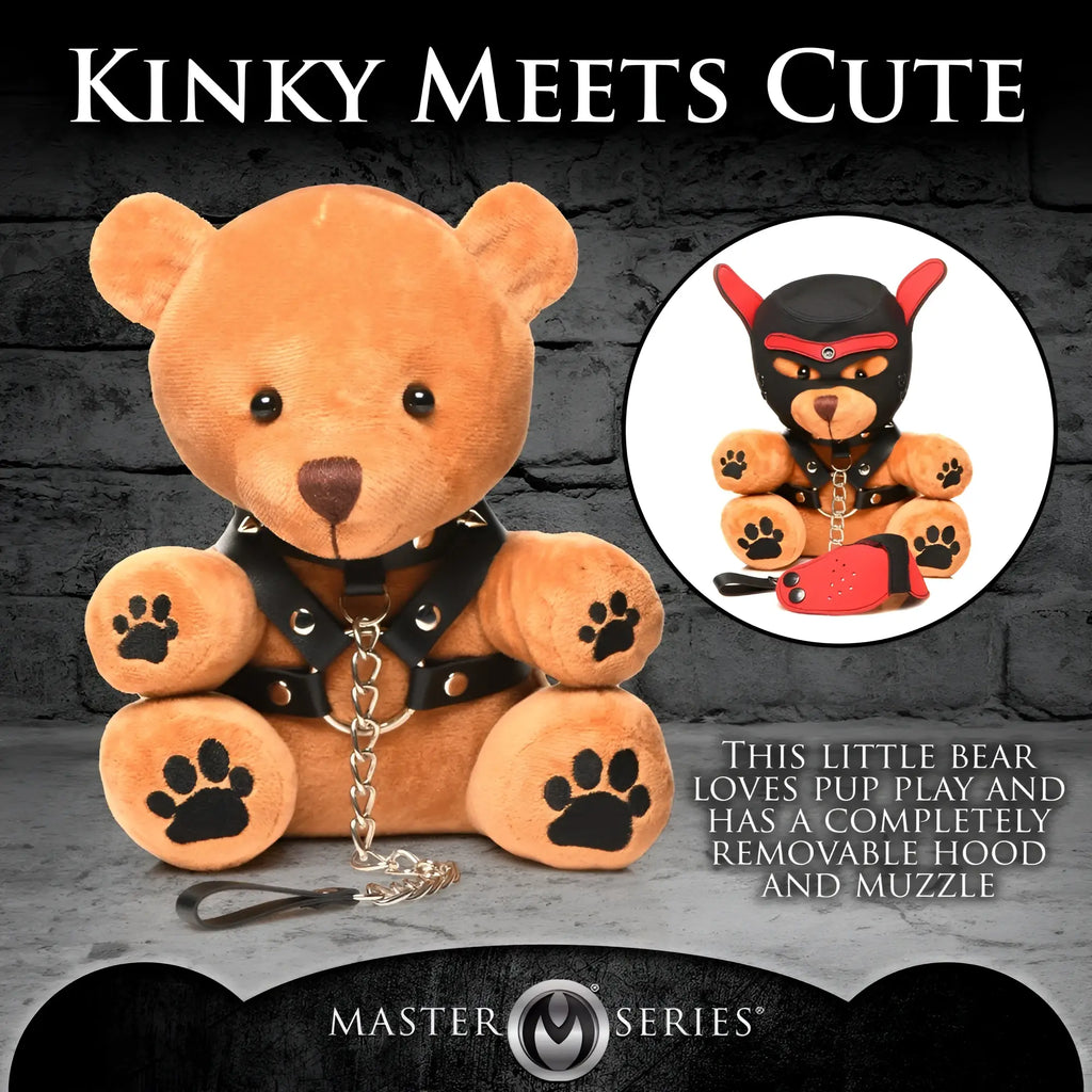 Master Series Pup Bear wearing a black leather harness and chain, with an inset showing its removable hood and muzzle.