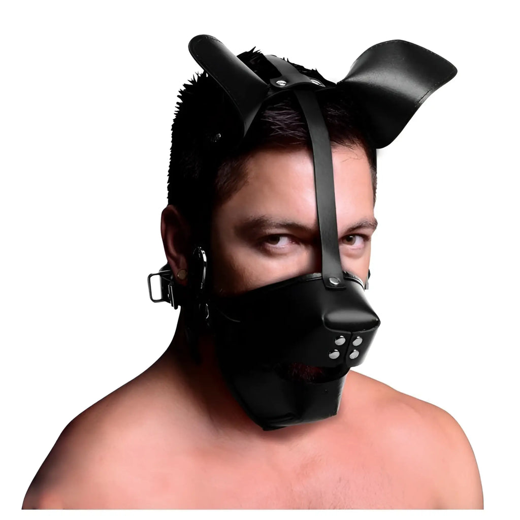 Model wearing a black Master Series pup hood with dog ears and a breathable ball gag, isolated on a white background.