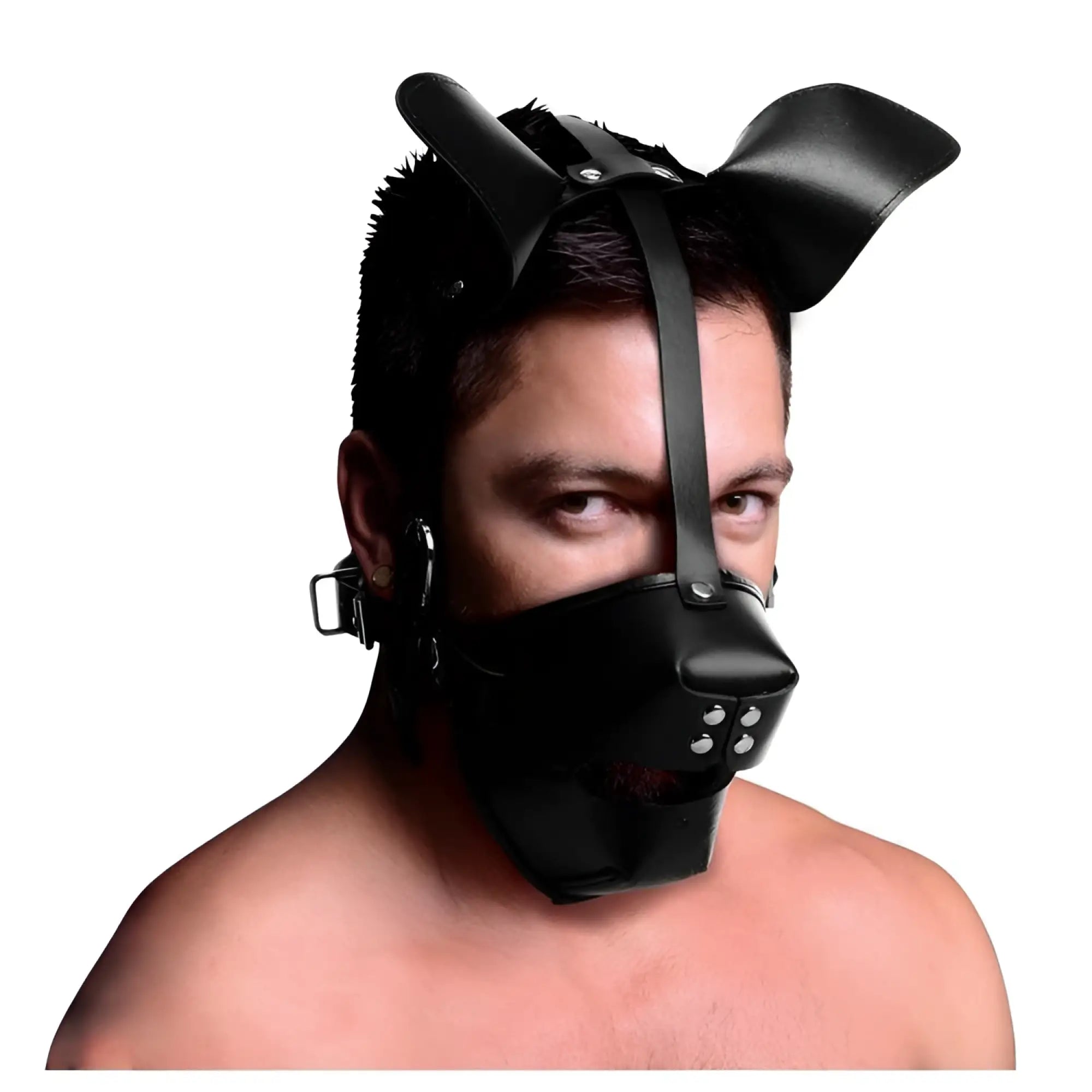 Model wearing a black Master Series pup hood with dog ears and a breathable ball gag, isolated on a white background.