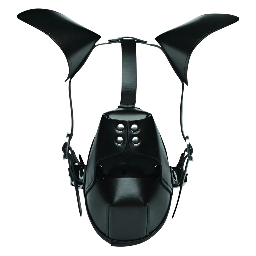 Master Series black leather puppy play hood with tall ears, a muzzle, and an integrated breathable ball gag.