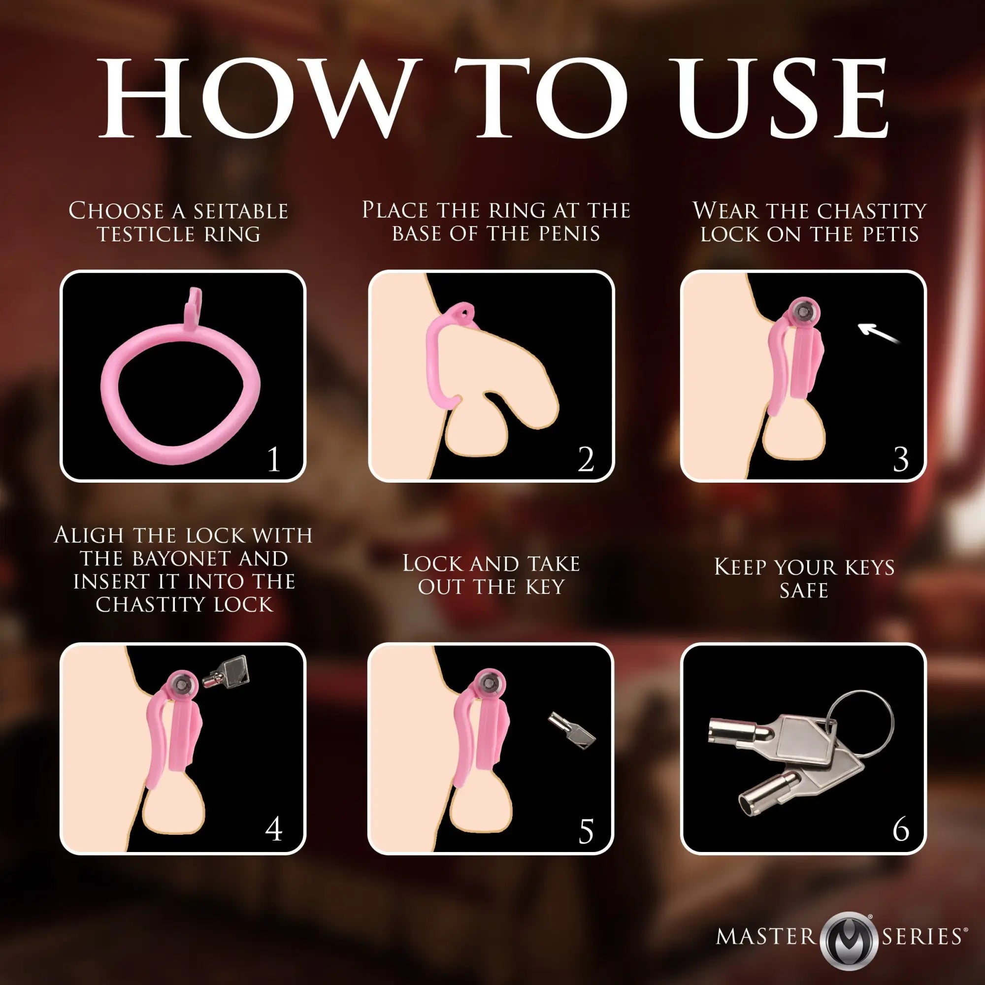 Infographic showing steps to use the Master Series pink plastic chastity cage, including ring, lock, and key components.