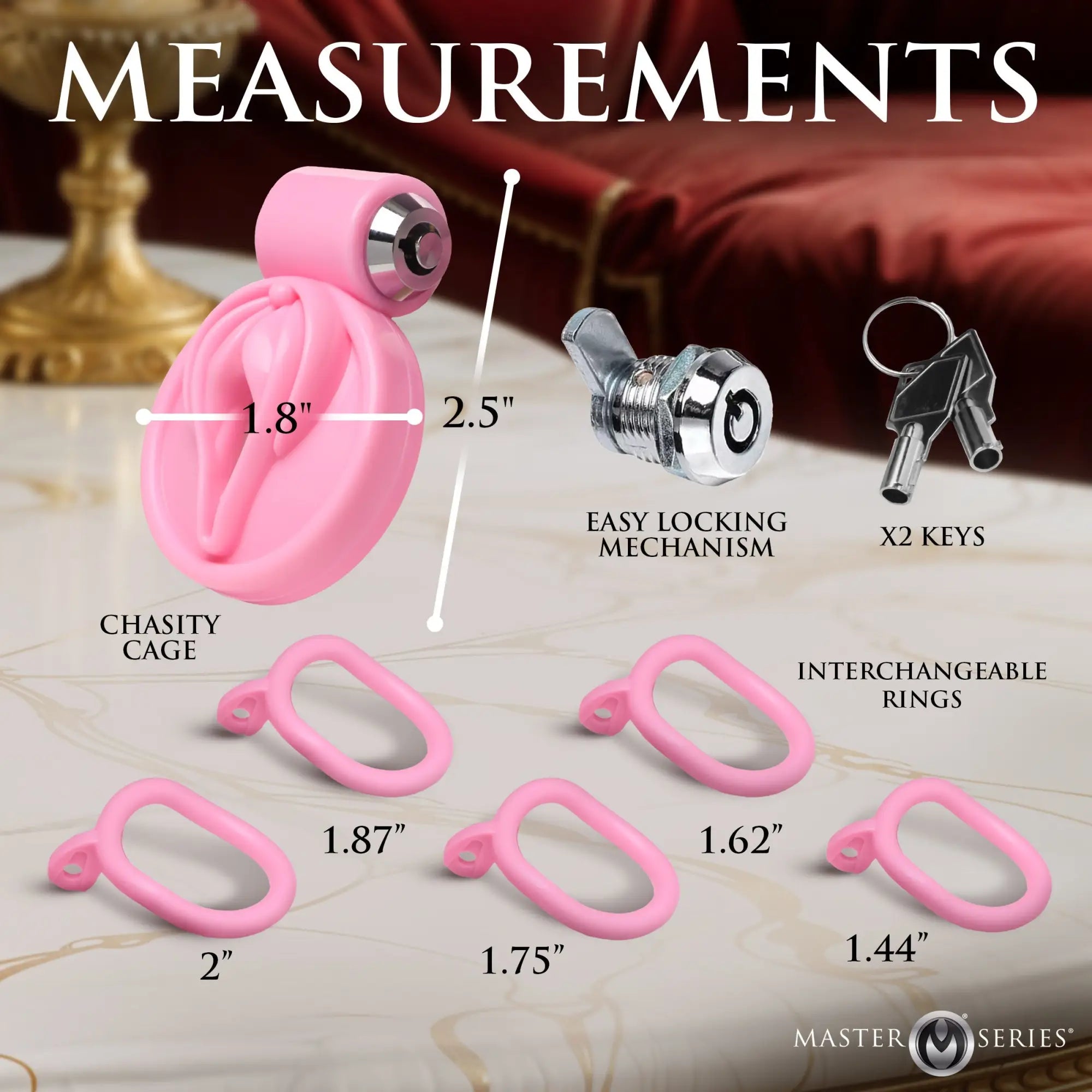 Master Series Pussification vulva chastity cage in pink, featuring a locking mechanism, two keys, and five ring sizes.