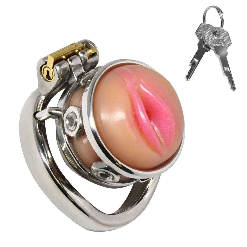 Master Series Pussy Boy metal chastity cage with a pink silicone insert, silver frame, gold lock, and two keys.