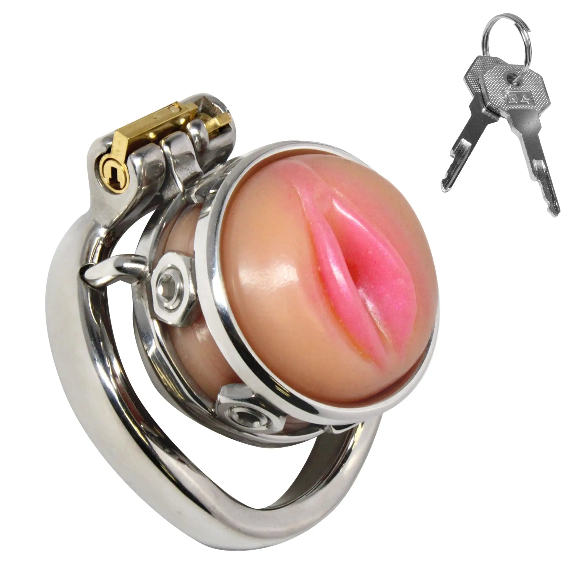 Master Series Pussy Boy metal chastity cage with a pink silicone insert, silver frame, gold lock, and two keys.