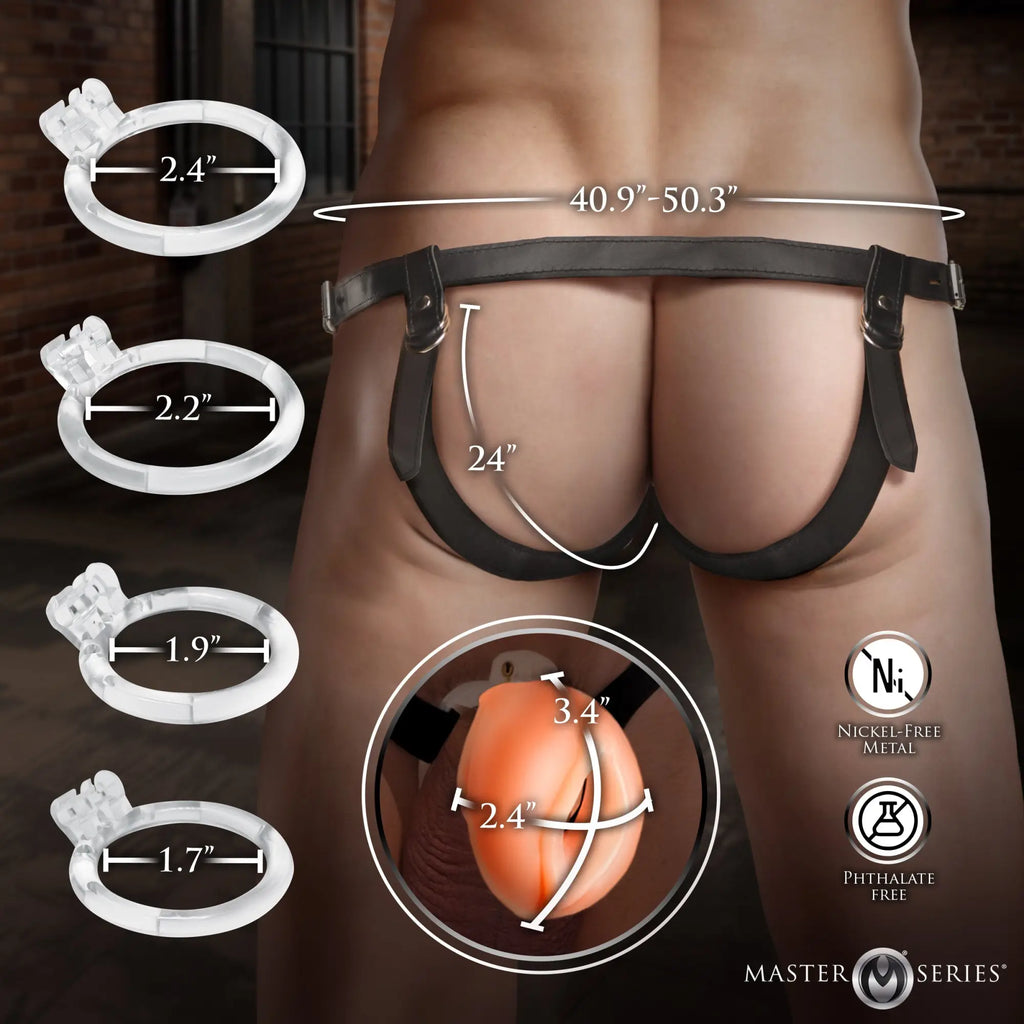 A black jockstrap worn on a male torso with four clear silicone rings of varying sizes and measurement graphics.