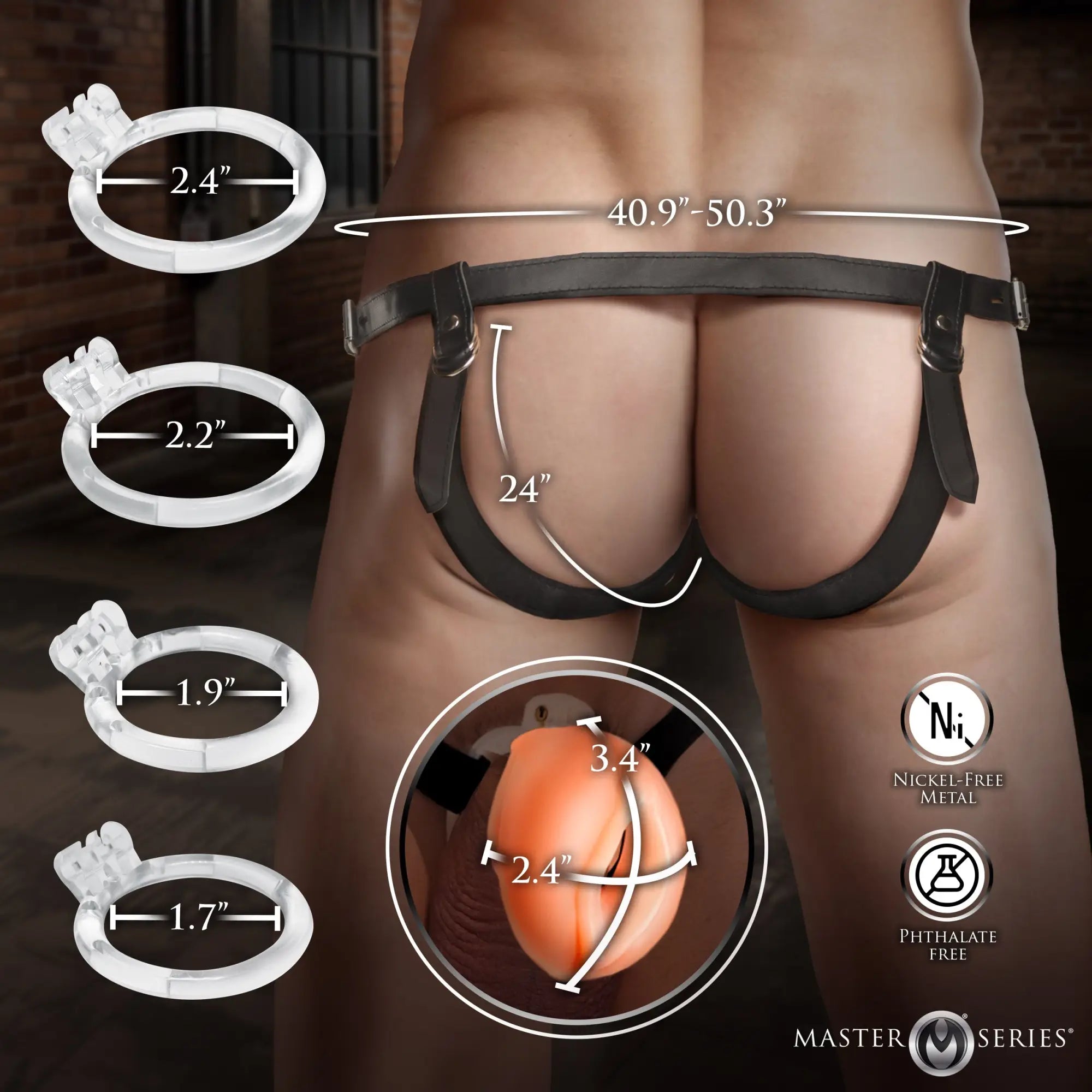 A black jockstrap worn on a male torso with four clear silicone rings of varying sizes and measurement graphics.