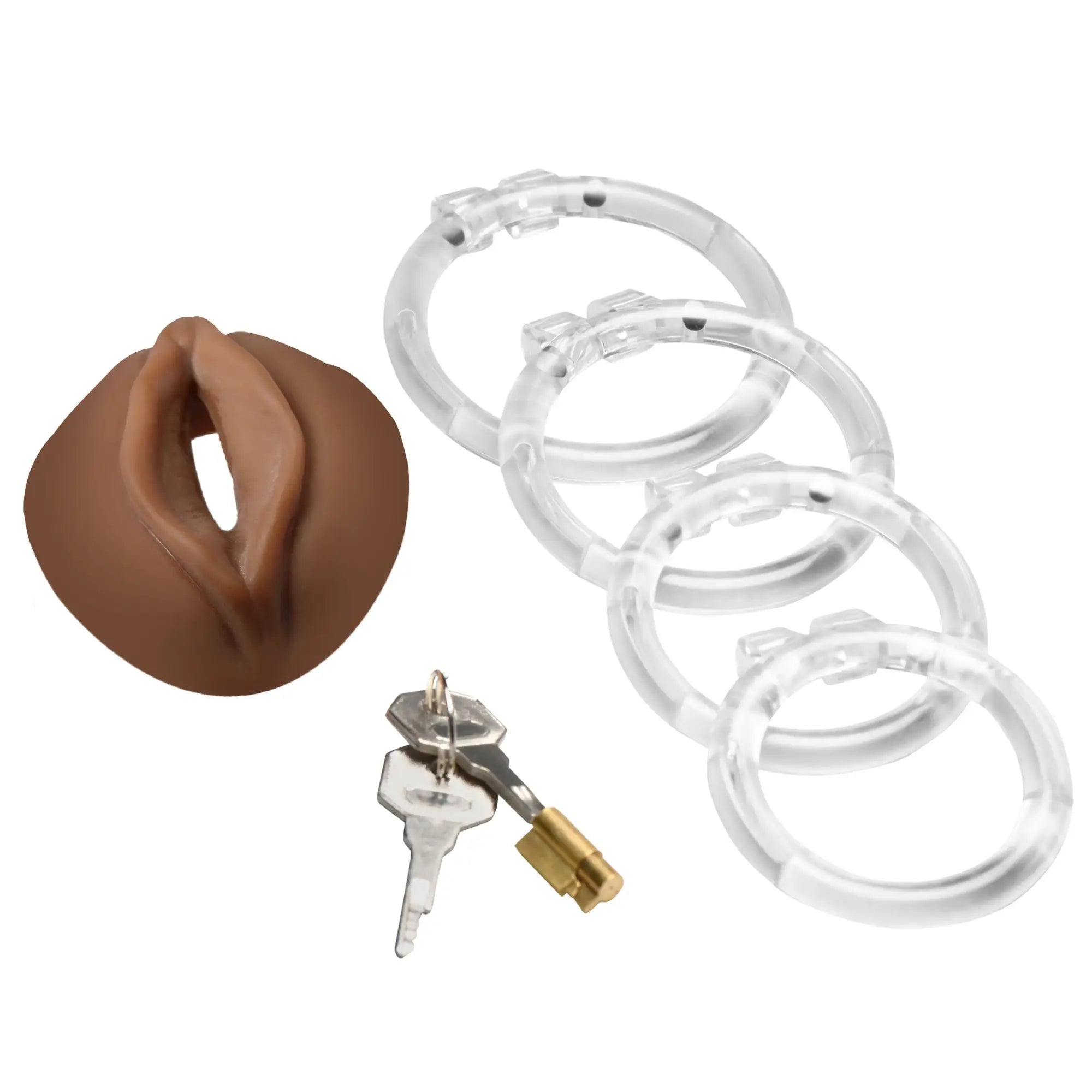 Master Series Pussy Chastity Cage: Brown silicone insert, four clear rings of varying sizes, and a small metal lock/key.