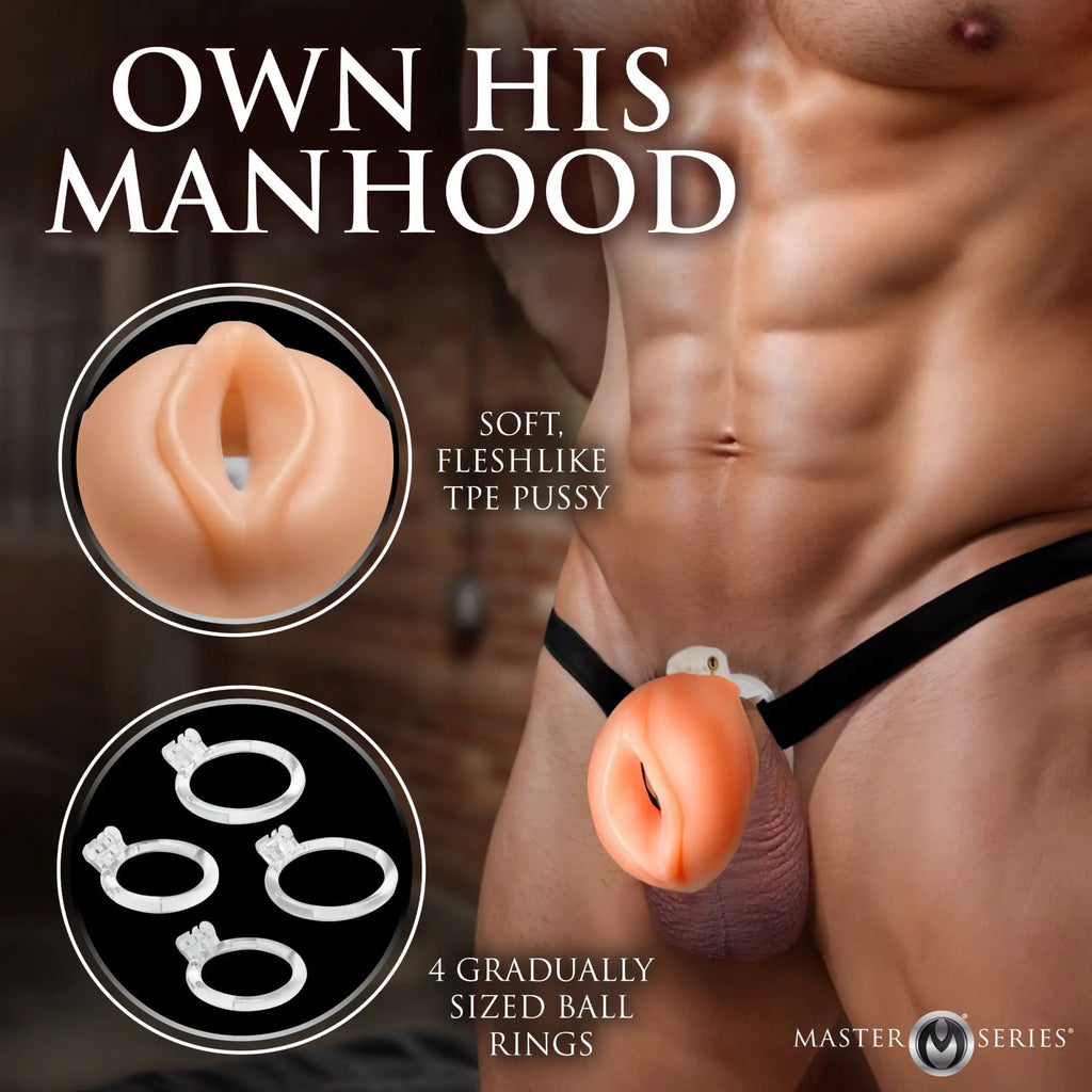 A peach-colored TPE masturbation attachment worn on a black strap, shown with four clear graduated ball rings.