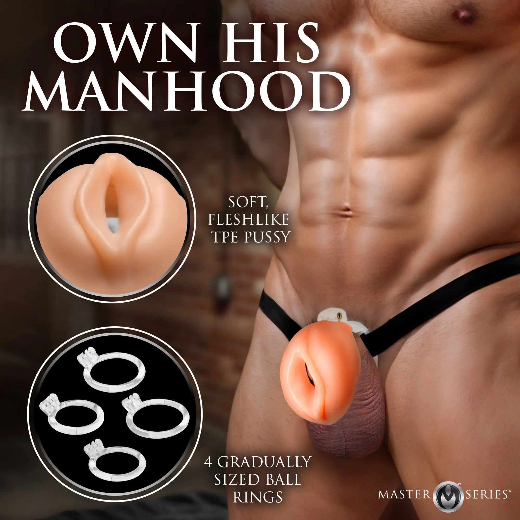 A peach-colored TPE masturbation attachment worn on a black strap, shown with four clear graduated ball rings.