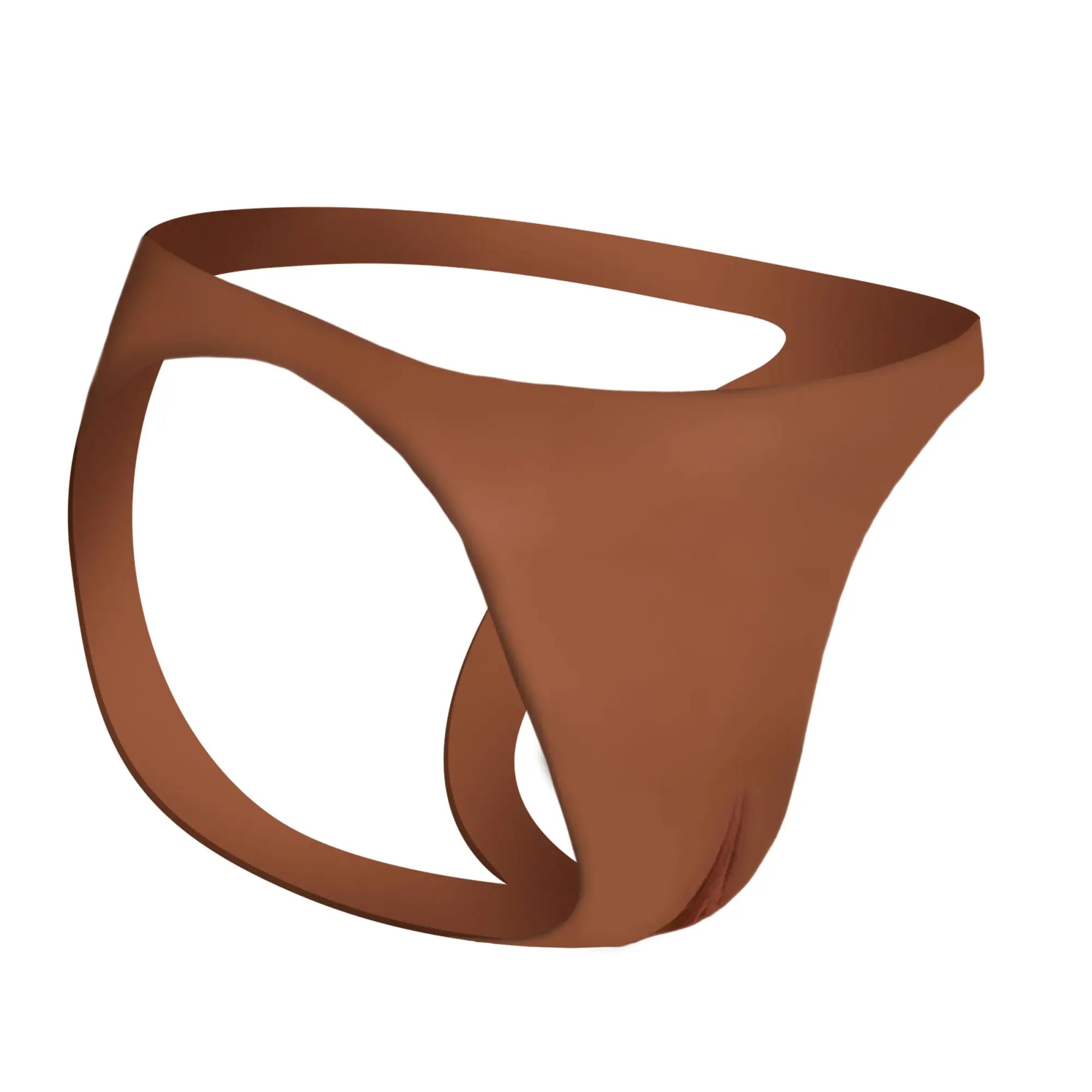 Master Series brown silicone jockstrap with a molded vulva design and an open-back, minimalist strap style.