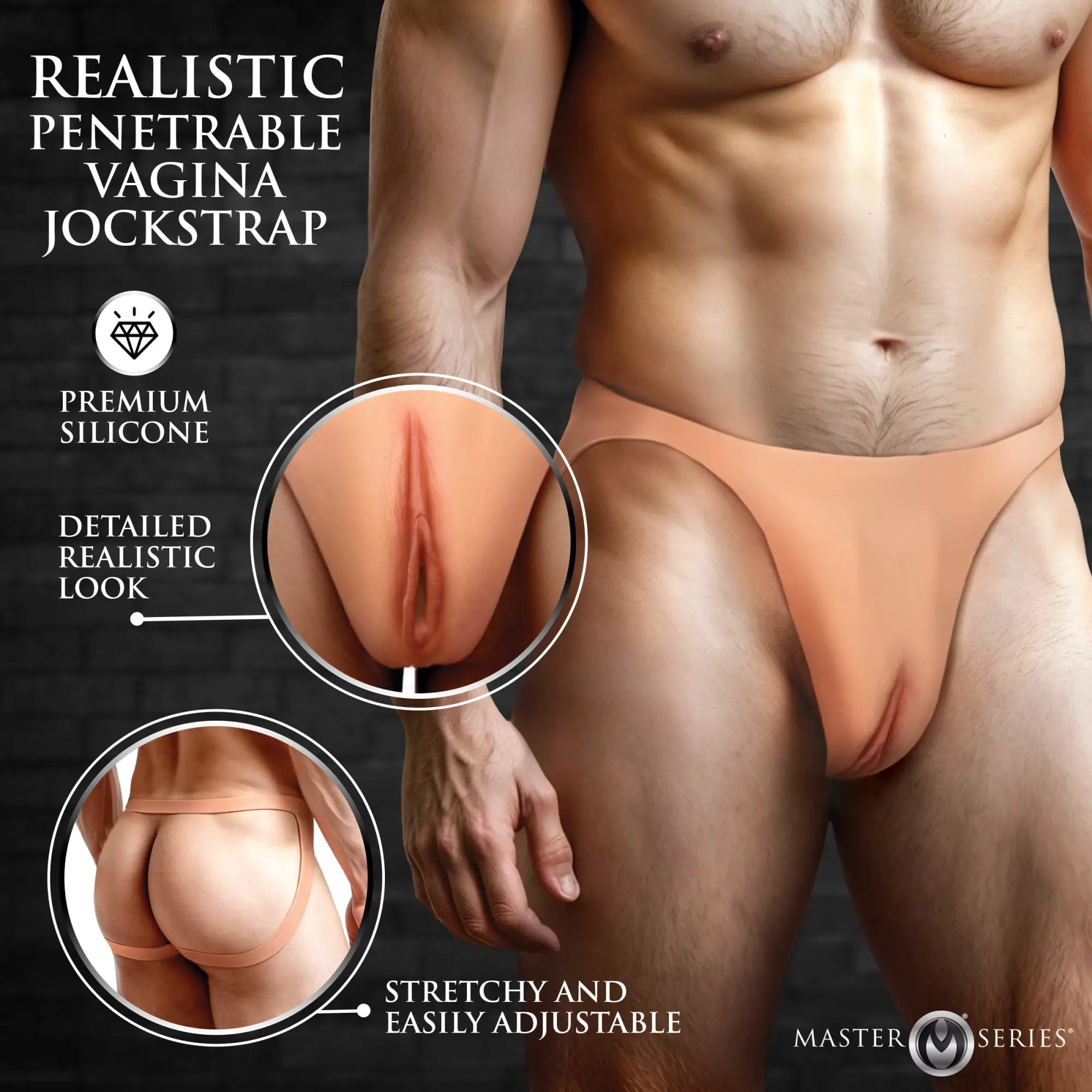Master Series silicone vagina jockstrap in nude, featuring a realistic penetrable design and adjustable straps on a model.