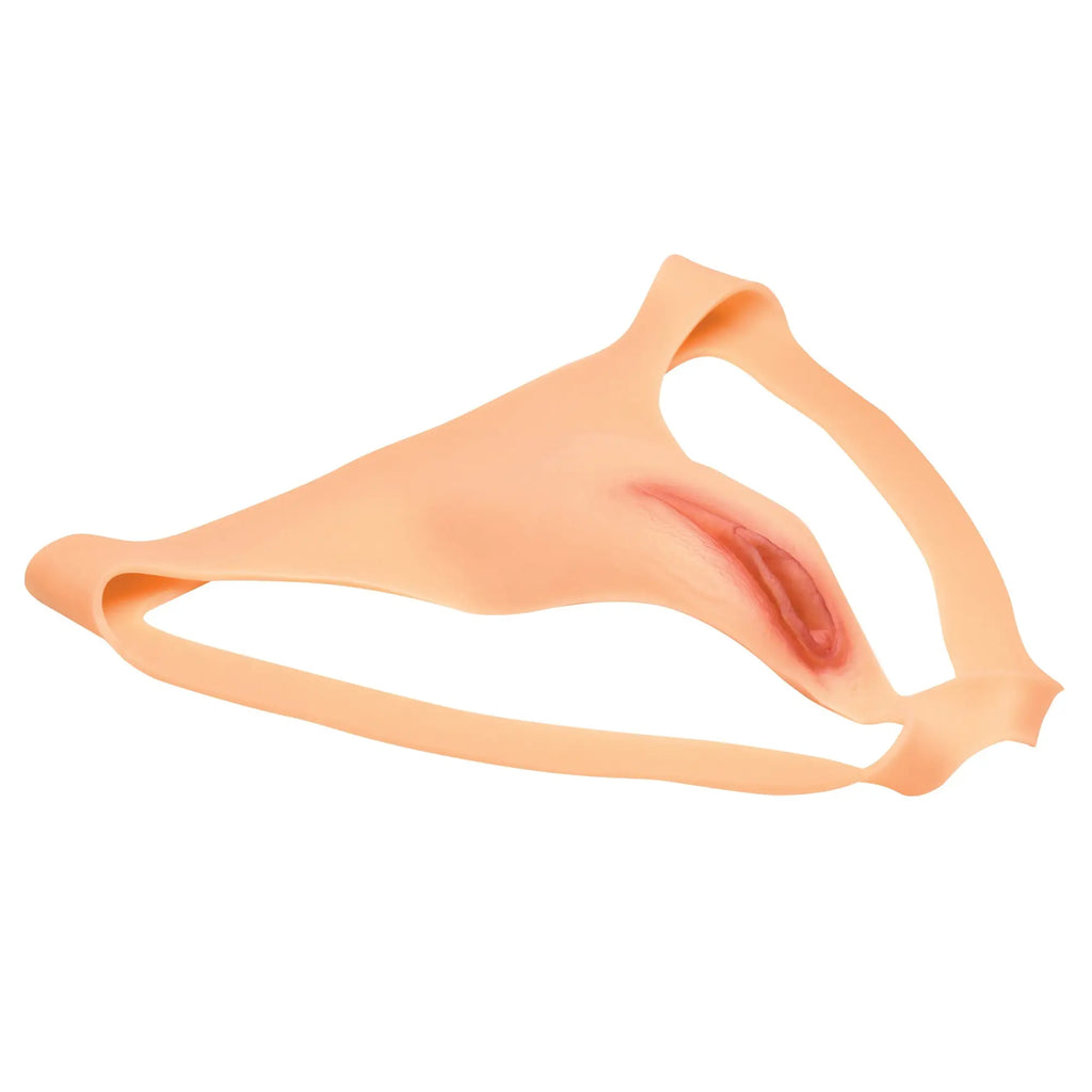 Master Series silicone jockstrap in nude, featuring an integrated realistic vulva design on a white background.