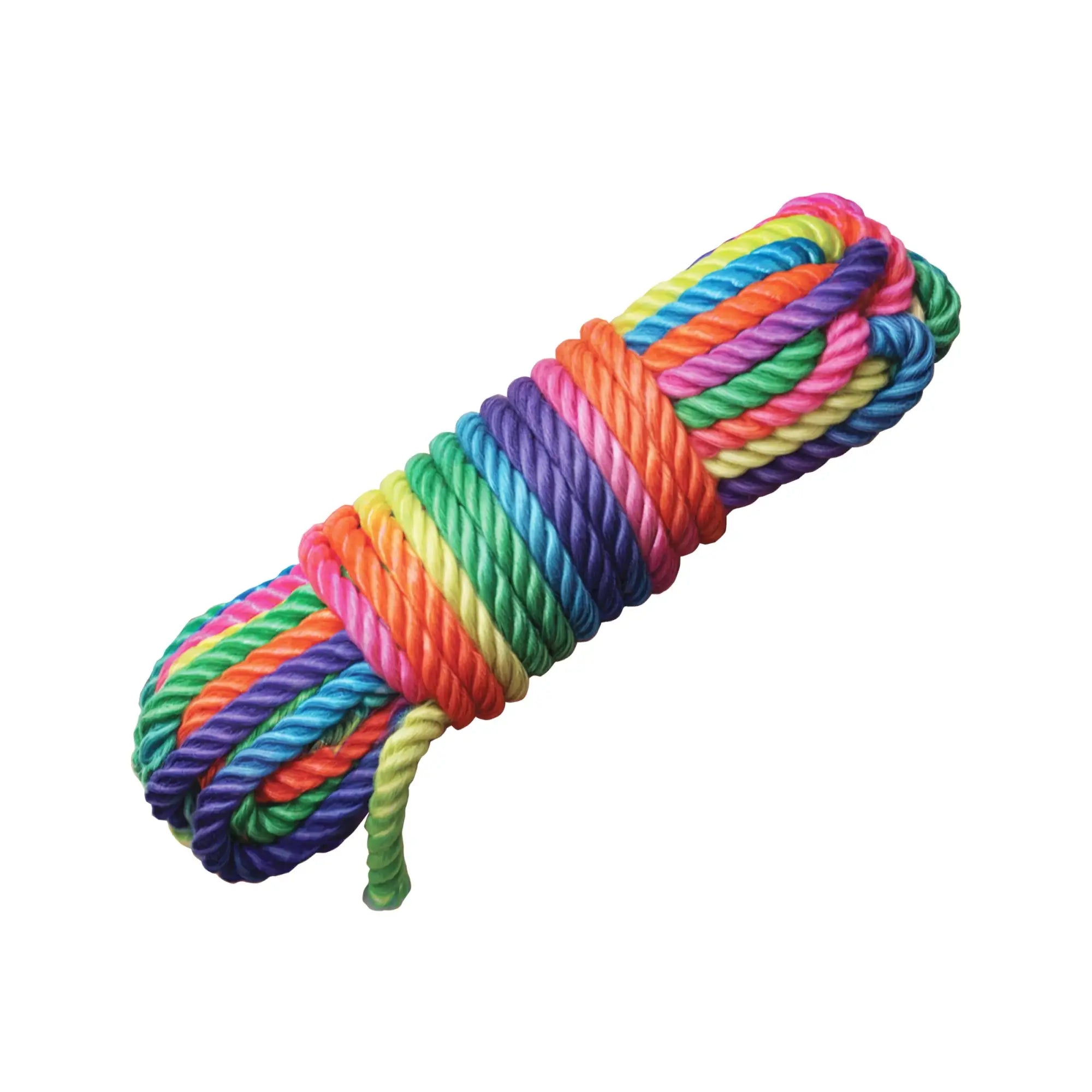 Master Series Rainbow Rope coiled in a bundle, featuring a vibrant, multi-colored braided rope pattern.