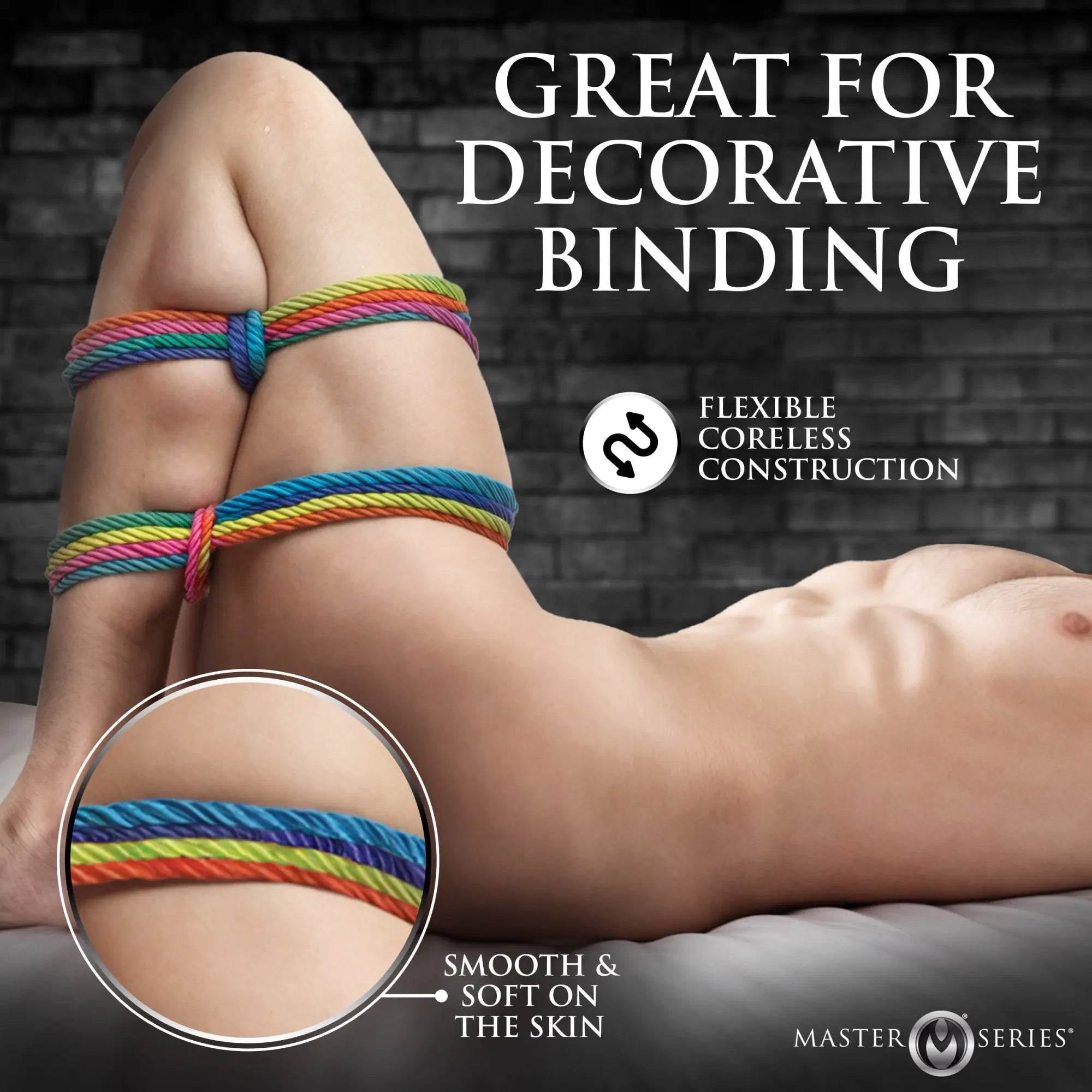 Master Series Rainbow Rope is a soft, multicolored rope shown bound decoratively around a person's legs.
