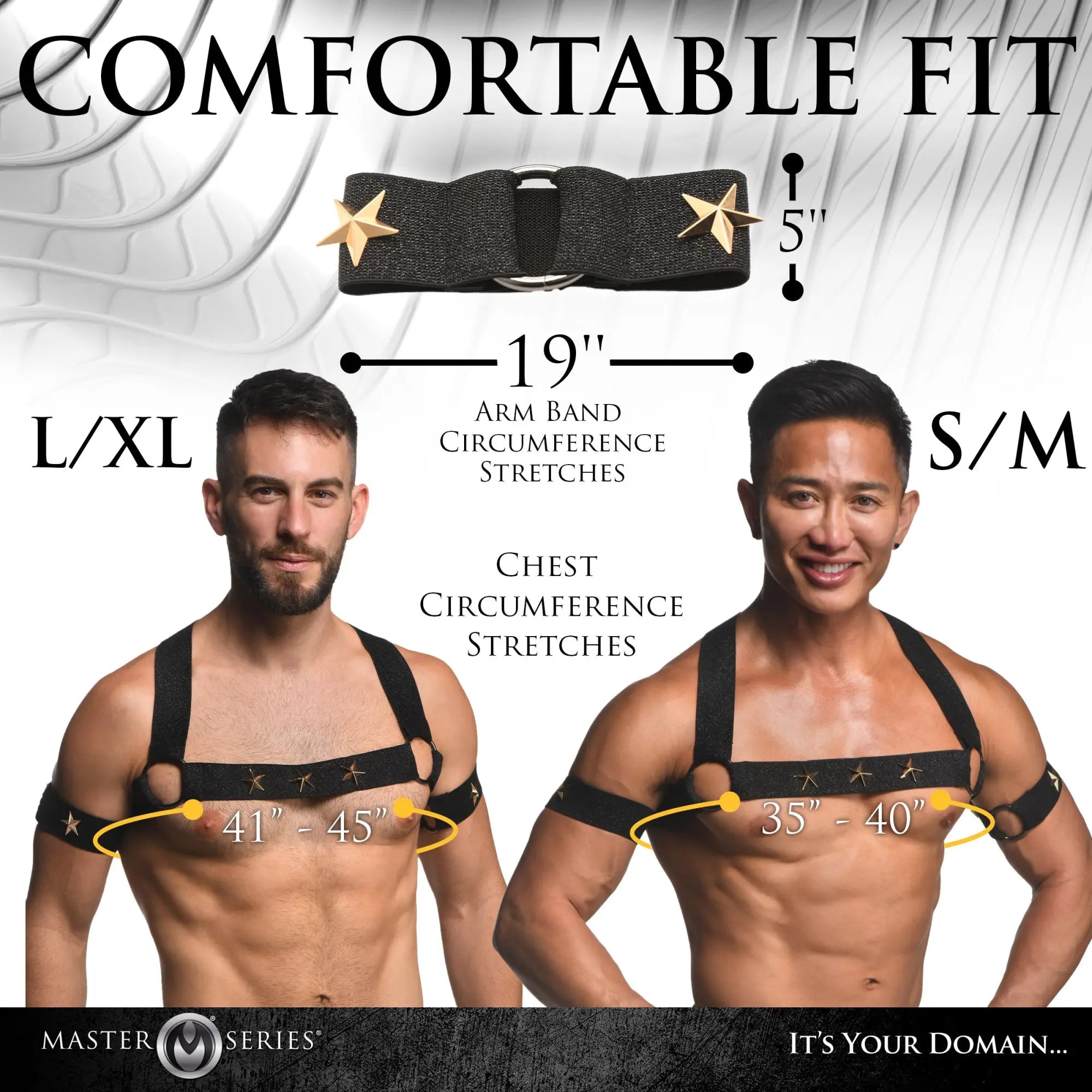 Master Series Rave Harness: Black elastic chest harness with arm bands, gold star accents, and size measurement guide.