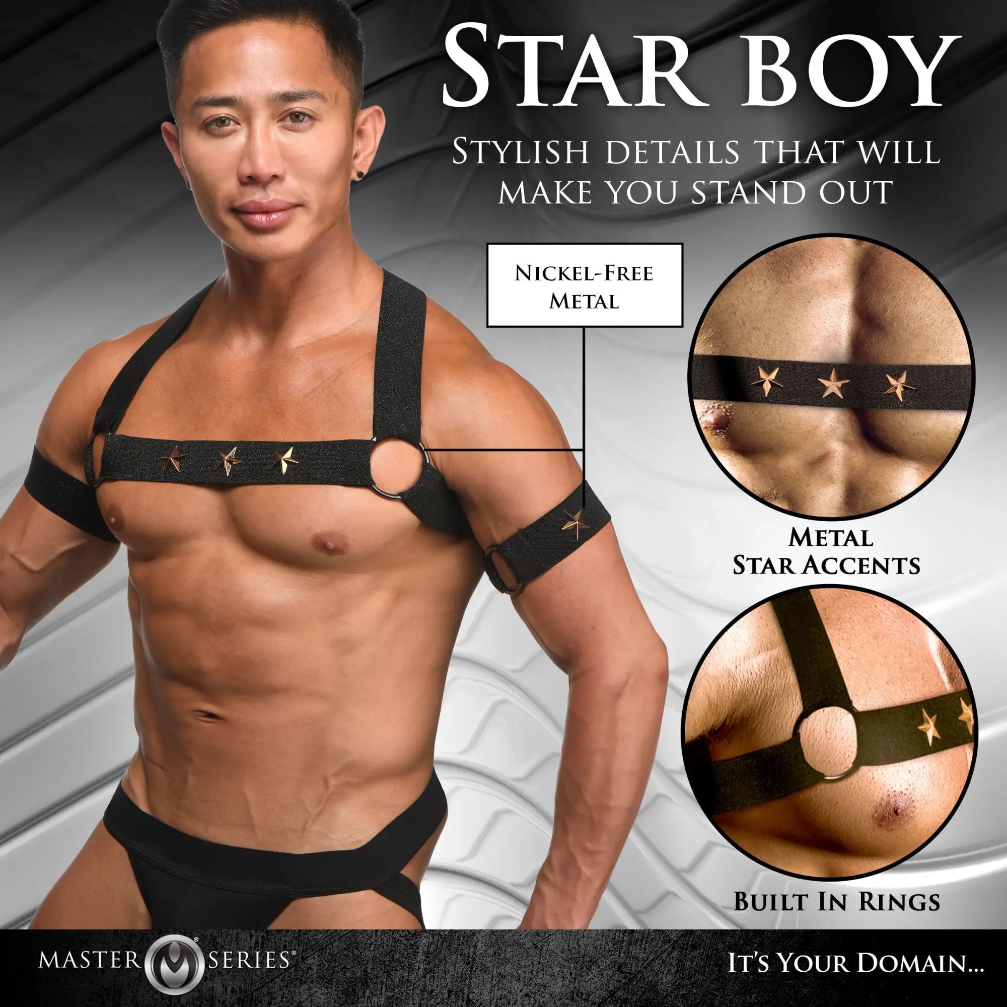 Master Series Rave Harness: Black elastic chest harness with arm bands, featuring nickel-free metal star accents and rings.