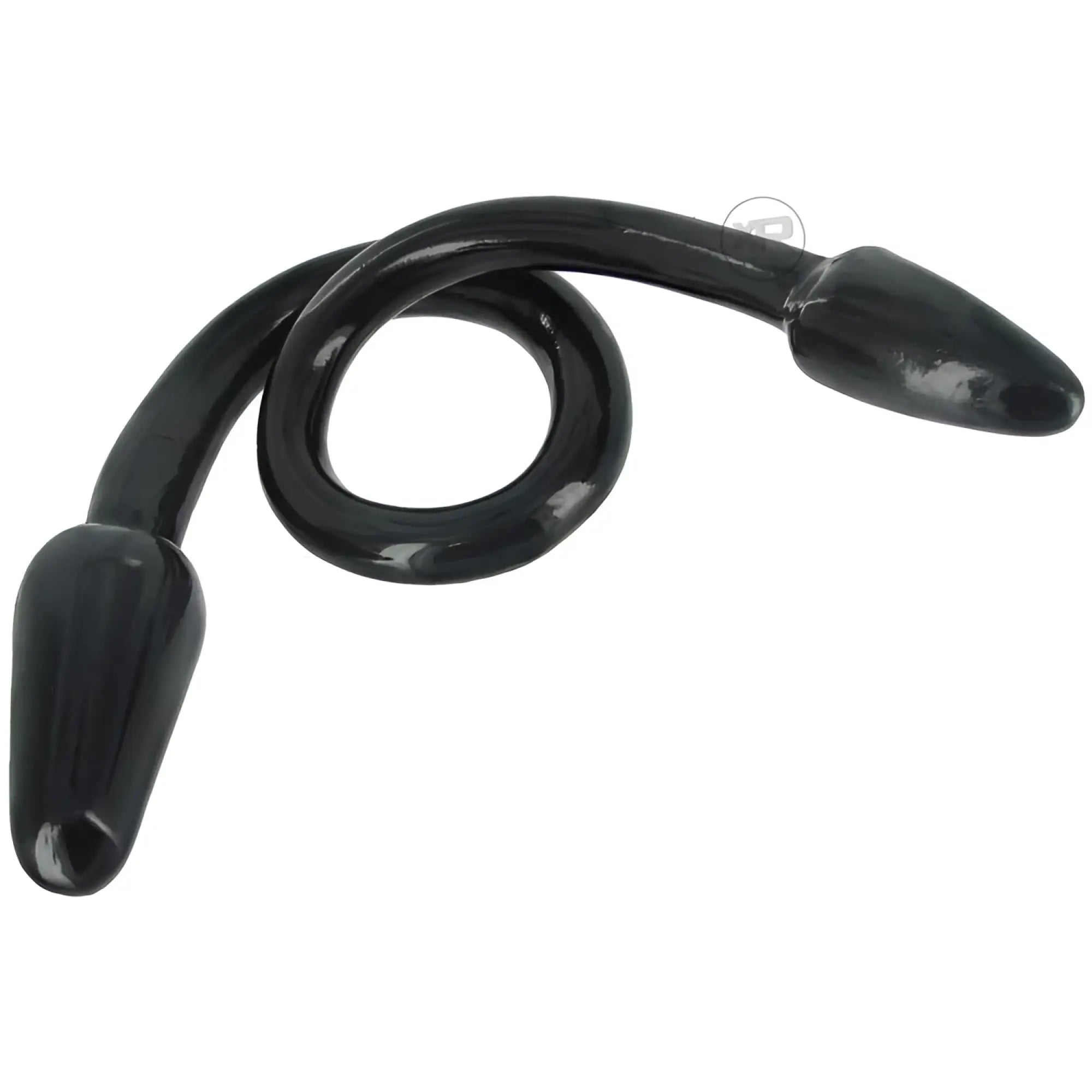 Master Series Raven Tail double-sided anal plug: a glossy black, flexible curved toy with tapered ends.