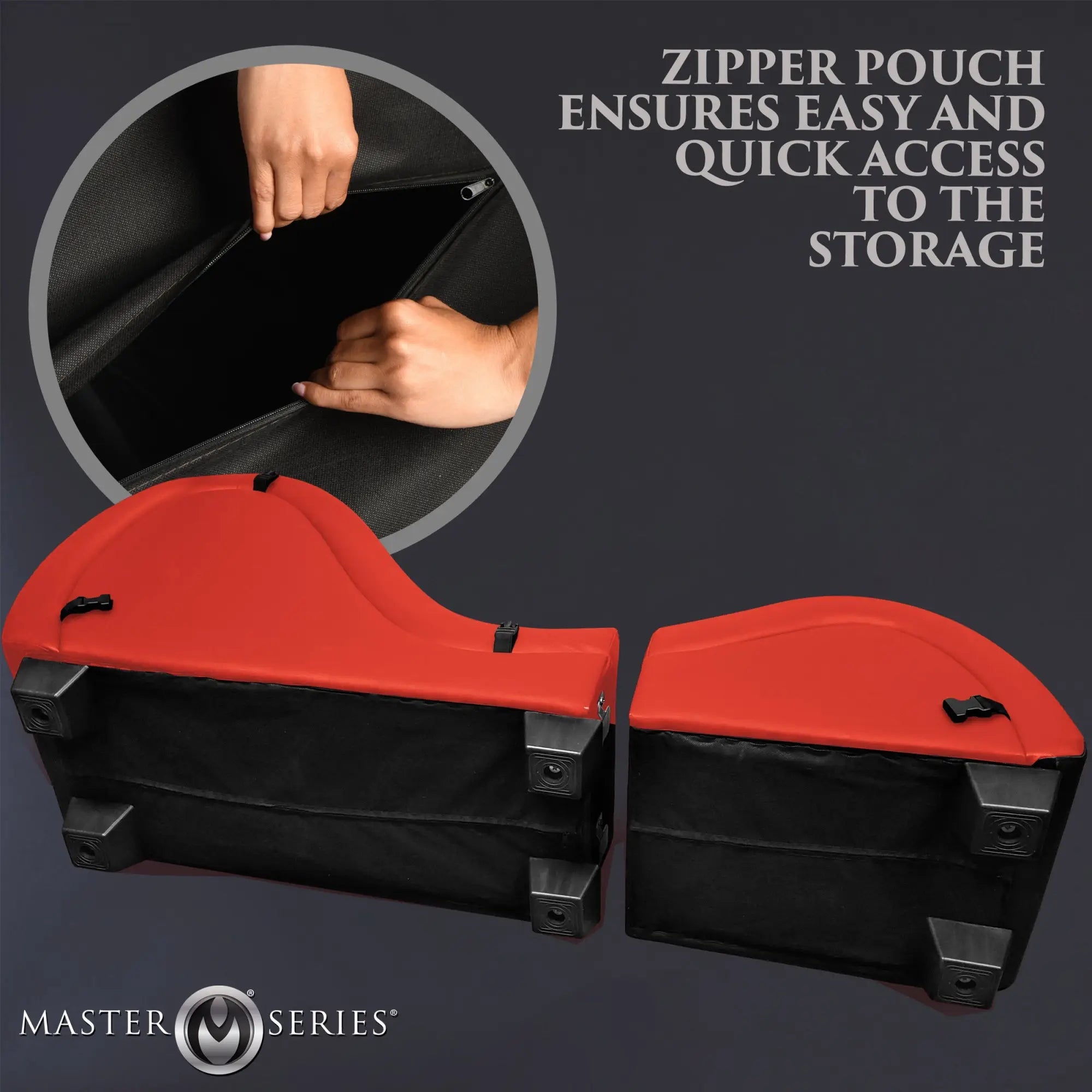 Master Series red detachable kinky chaise, shown upside down with storage zippers and black legs.