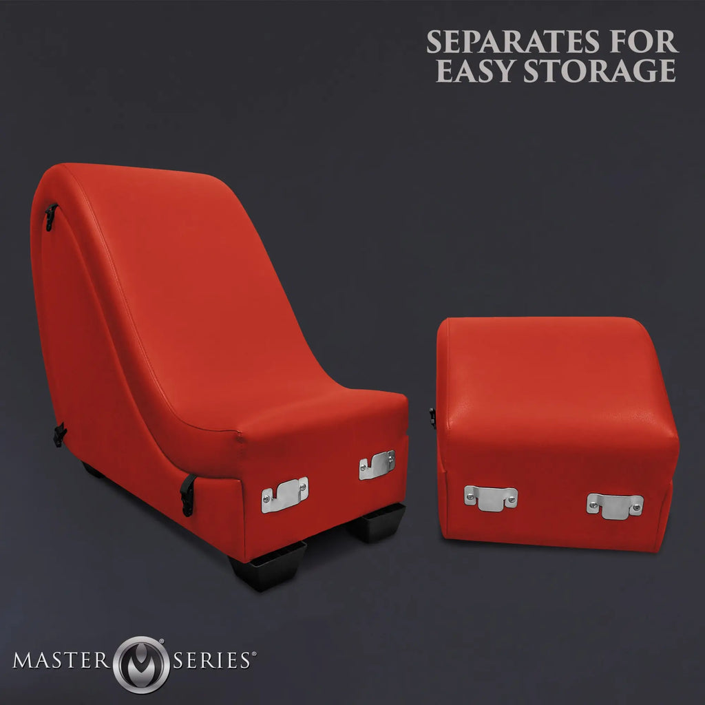 Master Series red, detachable sex chaise sofa with metal connectors, shown separated against a dark gray background.