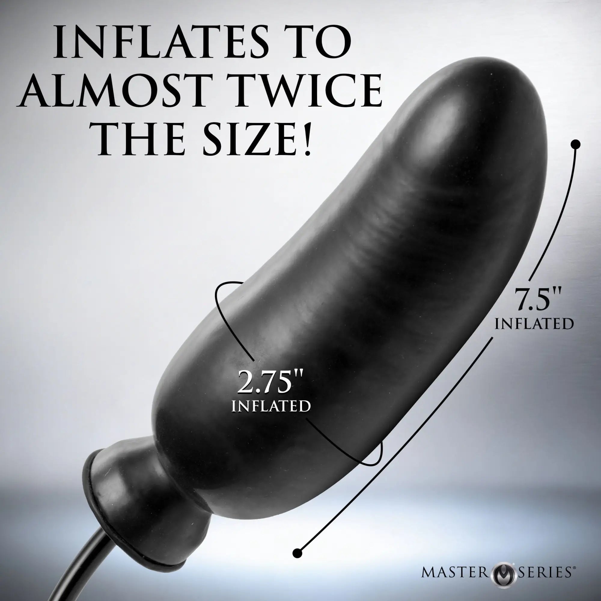 Black Master Series Renegade inflatable dildo with dimensions 7.5" long and 2.75" wide, shown against a grey background.