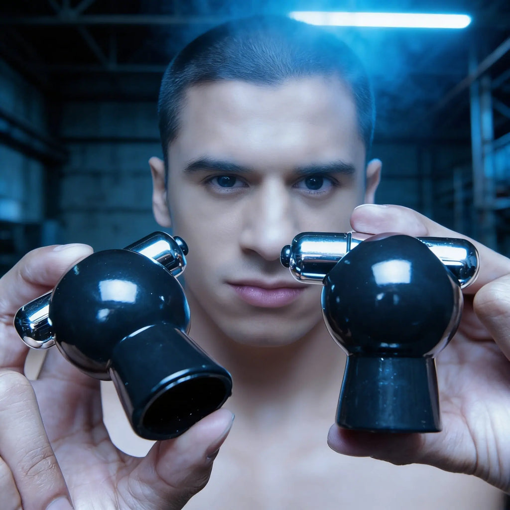 A person holds two black and chrome Master Series Reverb vibrating nipple suckers in front of their face.