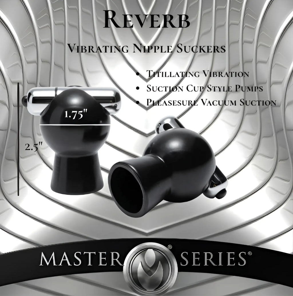 Two black Master Series Reverb vibrating nipple suckers with chrome accents shown against a metallic wave background.