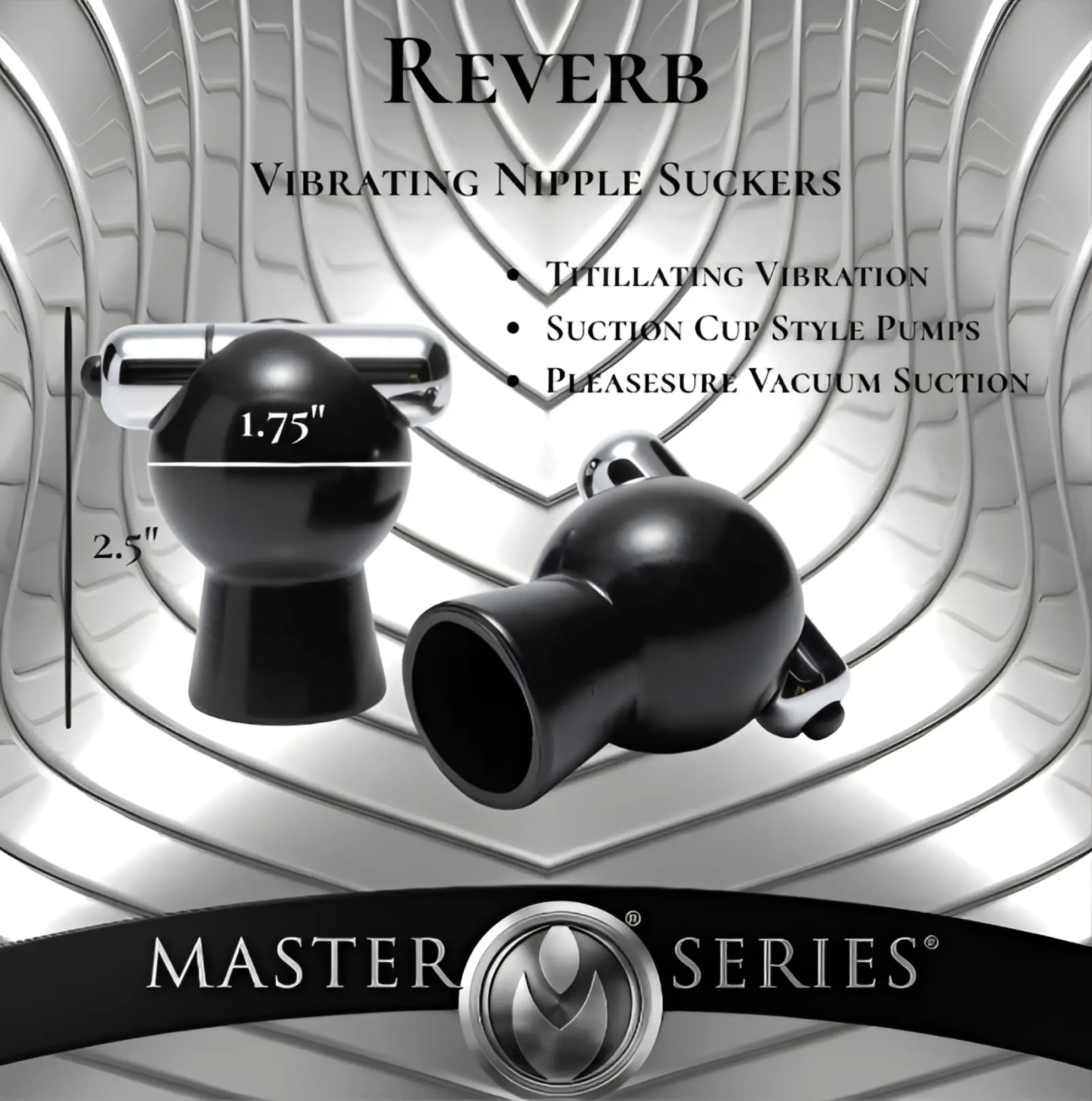 Two black Master Series Reverb vibrating nipple suckers with chrome accents shown against a metallic wave background.