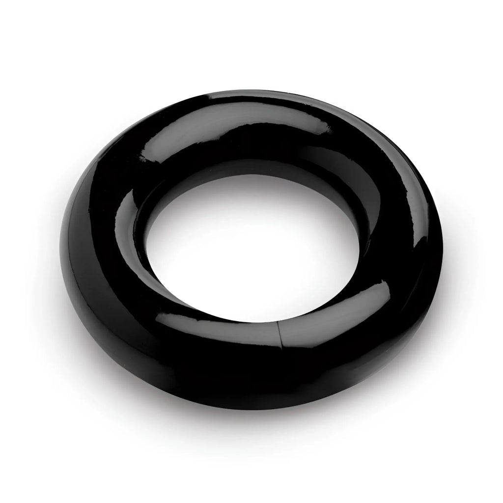 Master Series Ring Master: A thick, glossy black, smooth circular ball stretcher ring isolated on a white background.